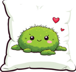 Obraz premium Cute Green Fluff Ball Character On Pillow Whimsical Vector Illustration For Childrens Decor And Design Projects Promoting Comfort And Happiness