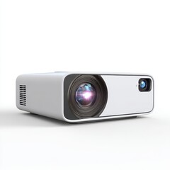 A white projector with a lens on it