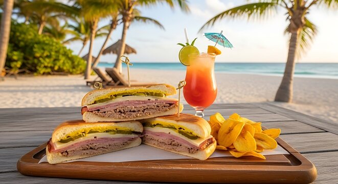 Beach cuban sandwich cocktail tropical vacation food drink summer holiday resort ocean paradise palms relax cuban sandwich day