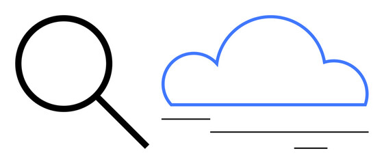 Magnifying glass beside cloud outline with horizontal lines. Ideal for data analysis, cloud storage, connectivity, information retrieval, research, technology, simple flat metaphor