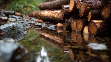 Fototapeta premium Reflections on Cut Logs A Watery Mirror to Nature's Harvesting and Material Source