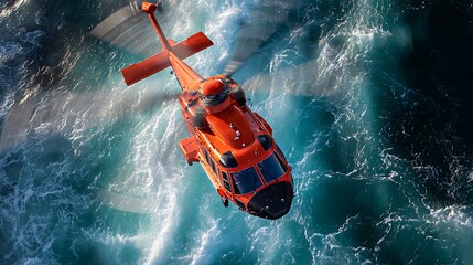 Fototapeta premium Orange Rescue Helicopter Flying Over Ocean Waves Aerial View Concept
