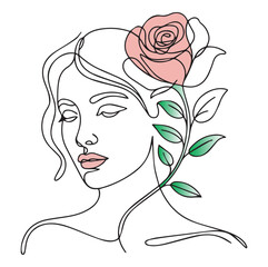 Woman face continuous one line vector drawing. Style templates with abstract female face and rose. Modern minimalist simple linear style. Beauty fashion design