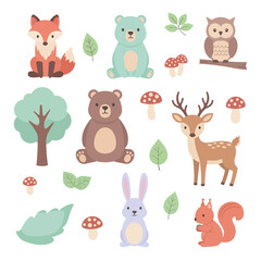 Cute Forest Animals and Nature Elements Icon Set