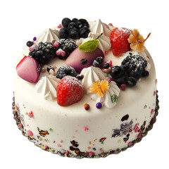 Delicious Cake With Fresh Berries And Cream On White Background. Sweet Treat Perfect For Celebrations.