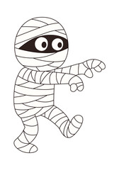 Bandaged mummy walking and scaring isolated on white background, doodle style for halloween holiday design, coloring books