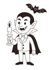 Trick or treat. Lord Vampire holding a candlestick, a bat flying nearby, isolated on white background, doodle style drawing for Halloween design, coloring pages