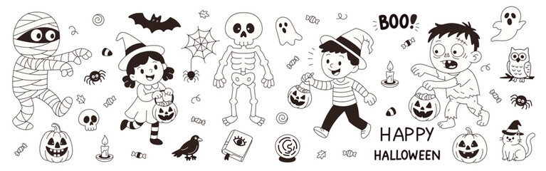 Trick or treat. Halloween elements set with children, zombie, mummy and skeleton isolated on white background, doodle drawing for coloring pages