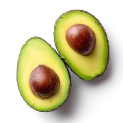 Two avocas cut in half on a white surface