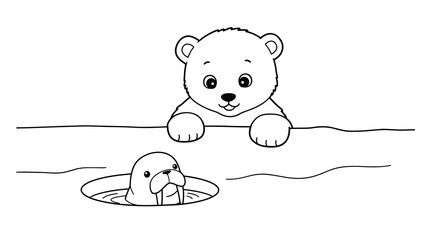 Fototapeta premium Coloring page featuring a bear looking at a walrus in the water