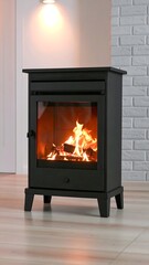 Black electric fireplace stove with realistic flame effect, sitting on light wood floor