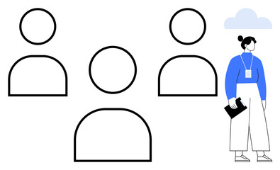 Modern woman holding tablet near simplified user profile icons, emphasizing communication, collaboration, and organization. Ideal for teamwork, networking, profiles, leadership, career development