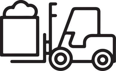 Simple line art illustration of a forklift truck lifting a box filled with material