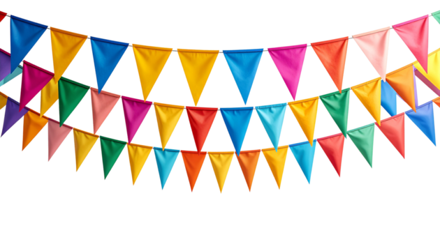 Festive Carnival garlands and bunting. Colorful triangle flags on rope for decoration of party, holiday, event, festive, celebration. Colorful pennants for banner, flyer template Vector design element