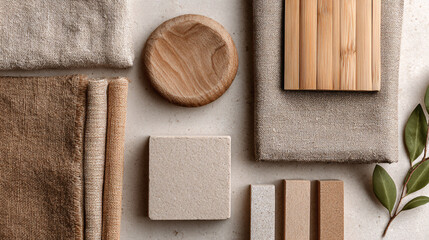 Minimalist flat lay of sustainable materials including bamboo pieces, natural linen fabric, and recycled kraft paper on seamless neutral background, clean eco-friendly styling