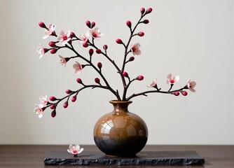 Pink cherry blossom branch in brown vase blooming on table