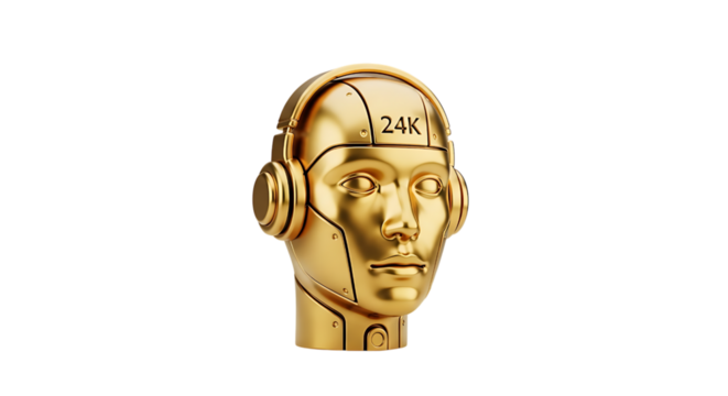 Gold robot head with headphones isolated on transparent background