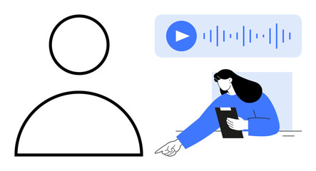 Woman pointing while holding a tablet, next to an audio waveform and playback button. Ideal for technology, audio content, digital tools, streaming, modern work, communication, simple landing page