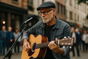 Obraz premium Senior street musician playing acoustic guitar and singing into a microphone during a live outdoor performance.