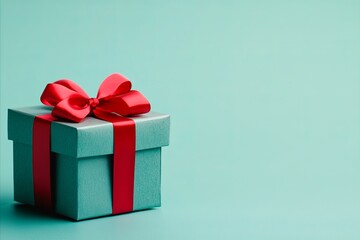 Fototapeta premium Teal Gift Box with Vibrant Red Satin Ribbon and Bow on Light Tea