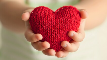 Fototapeta premium Hands holding a knitted red heart, symbolizing love, care, and compassion in a heartwarming gesture.