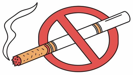 Isolated red warning sign with a cigarette symbol indicating no smoking and the prohibition of tobacco and nicotine use for public health and to stop the addiction