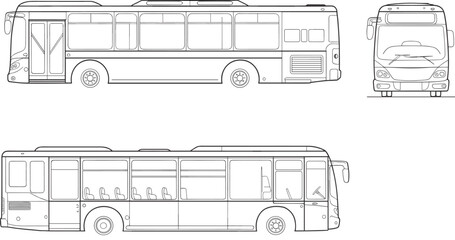 Detailed CAD drawing vector illustration of modern city bus from multiple views, front side perspective, public transportation design, technical blueprint, vehicle engineering