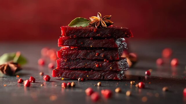Slices of dried beef jerky stacked on a dark surface with scattered peppercorns and star anise for flavor