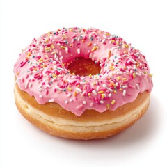 A donut with pink frosting and sprinng
