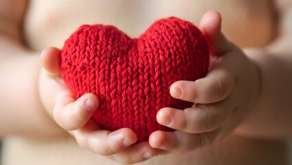 Baby's Hands Holding a Knitted Red Heart Symbol of Love and Care