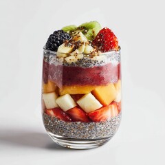 A glass filled with fruit and chia