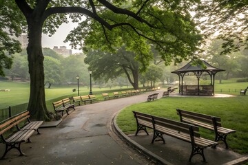 Tranquil park pathway with benches and gazebo on a misty morning