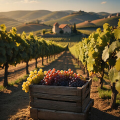 秋のブドウ畑で、熟したブドウが木に実り、遠くに丘が広がるシーン