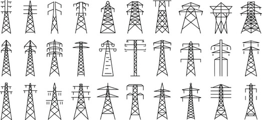 High voltage electricity transmission towers, power pylons, energy infrastructure, electric power lines, industrial grid, electrical towers silhouette