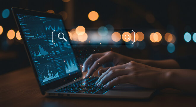 Hands type on a laptop with a search bar overlayed on the screen displaying data visualizations against a blurred city lights background.