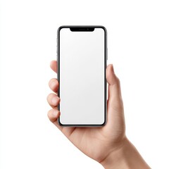 A hand holding a cell phone with a blank screen