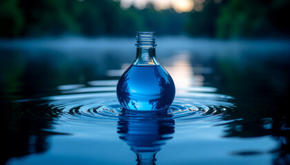 Floating Indigo Bottle Over Black Water