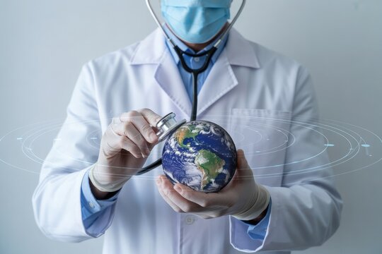 Doctor wearing a mask and stethoscope listens to the health of the planet earth held in hands symbolizing global healthcare and medical care