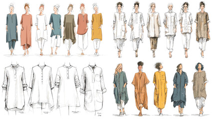 Stylish fashion illustration set featuring minimalist loose-fit outfits with modern colors and relaxed silhouettes, ideal for clothing design and trend concepts.