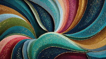 Abstract swirling textile design with multicolored layers and gold accents