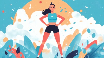 Confident woman in fitness attire stands tall amidst a vibrant, abstract floral background.