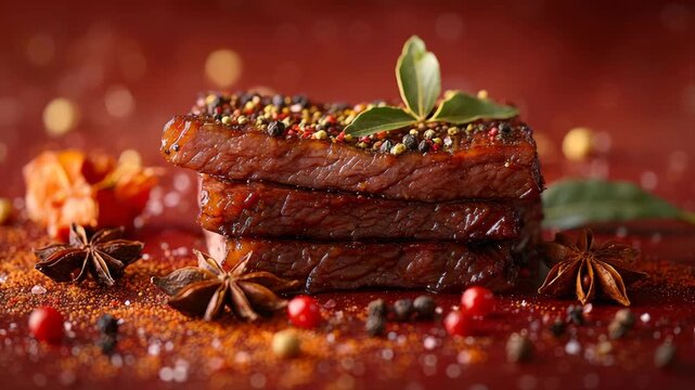Juicy beef steak stacked with spices and herbs on a festive background