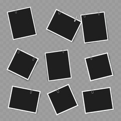 Set of Blank Photo Frames with Clips. Realistic Mockup. Vector
