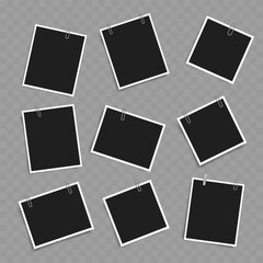 Set of Blank Photo Frames with Clips. Realistic Mockup. Vector