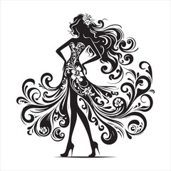 Silhouette of a woman in an ornate dress with floral patterns and swirling fabric fashion