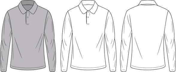 Vector CAD drawing of long sleeve polo shirt flat sketch, rounded collar, button placket, front and back views, fashion design template, editable apparel illustration