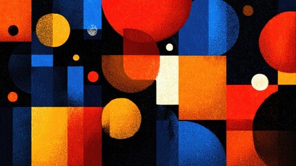 Abstract geometric composition of overlapping circles and squares in bold colors