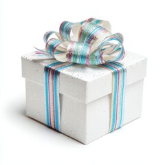 A white gift box with a colorful ribbon