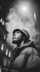 Obraz premium Pensive Young Man in Bucket Hat Gazing Up at Street Light with Smoke in Gritty Black and White Urban Night Portrait