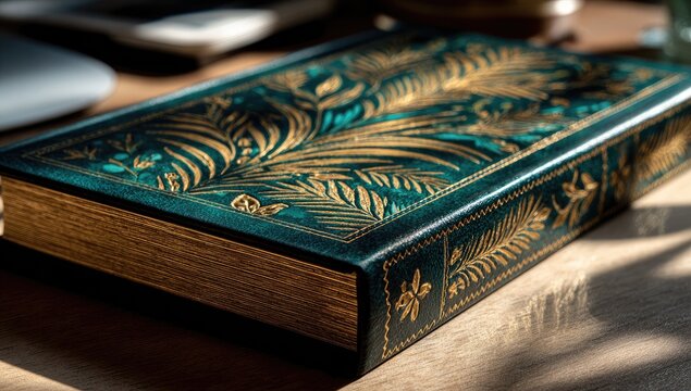 Teal-green book with gold-embossed foliage